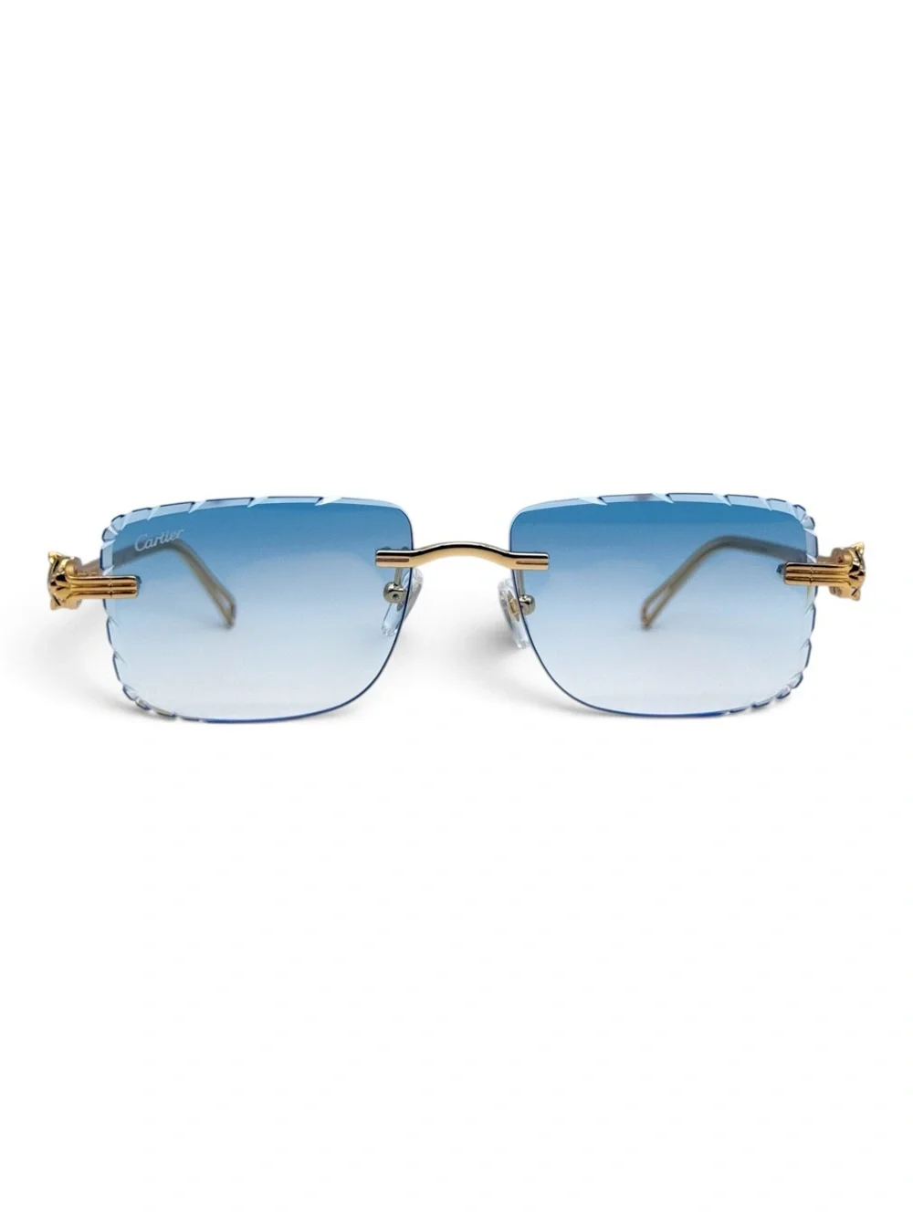 Cartier Gold Frame Blue Gradient Rimless Sunglasses with Decorative Temples